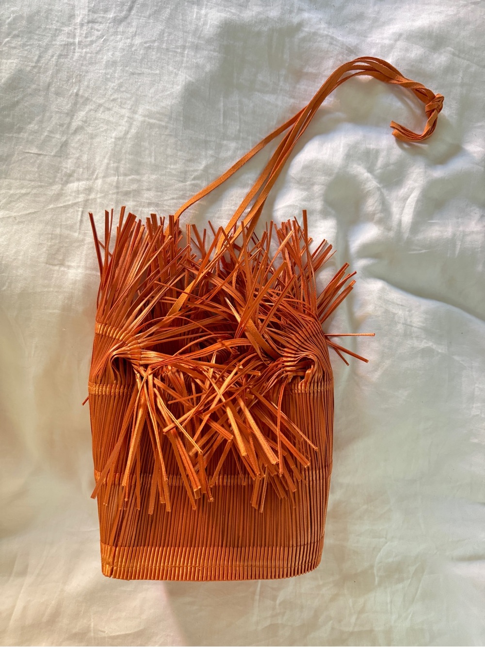 Alexandra Tsoukala Fringe Satin Bucket Bag in Copper
